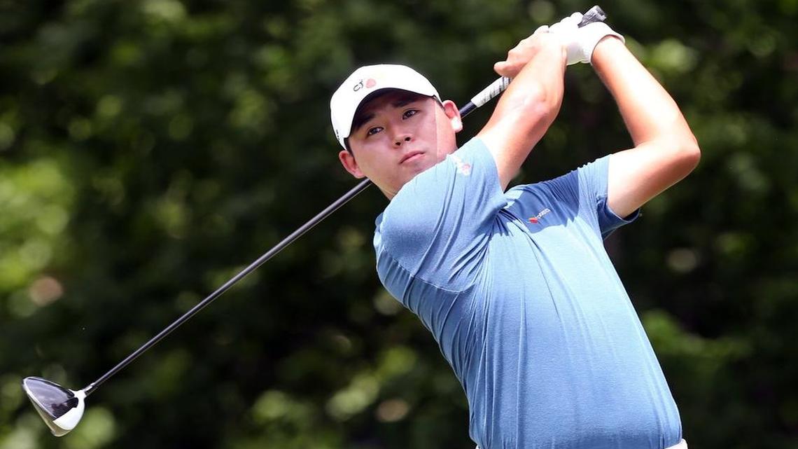 The Players Championship winner Si Woo Kim watches his shot from the sixth tee box in the second round of the Dean and DeLuca Invitational in Fort Worth, TX Friday, May 26, 2017. Colonial Country Club’s ninth hole gave Kim trouble.