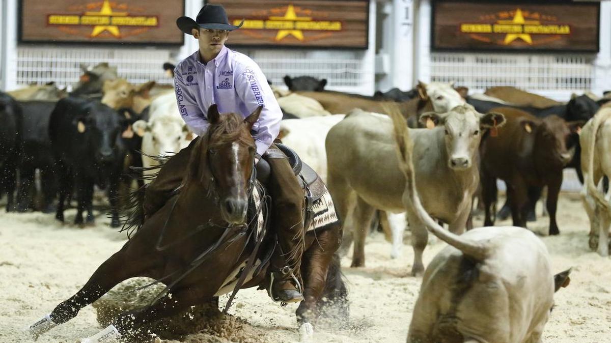 Adam Banuelos rides Pedel to the Metall to a score of 214 Monday to open the NCHA Summer Spectacular at Will Rogers Memorial Coliseum. The competition continues Tuesday at 10 a.m. For ticket information, call 817-244-6188 or go to nchacutting.com.
