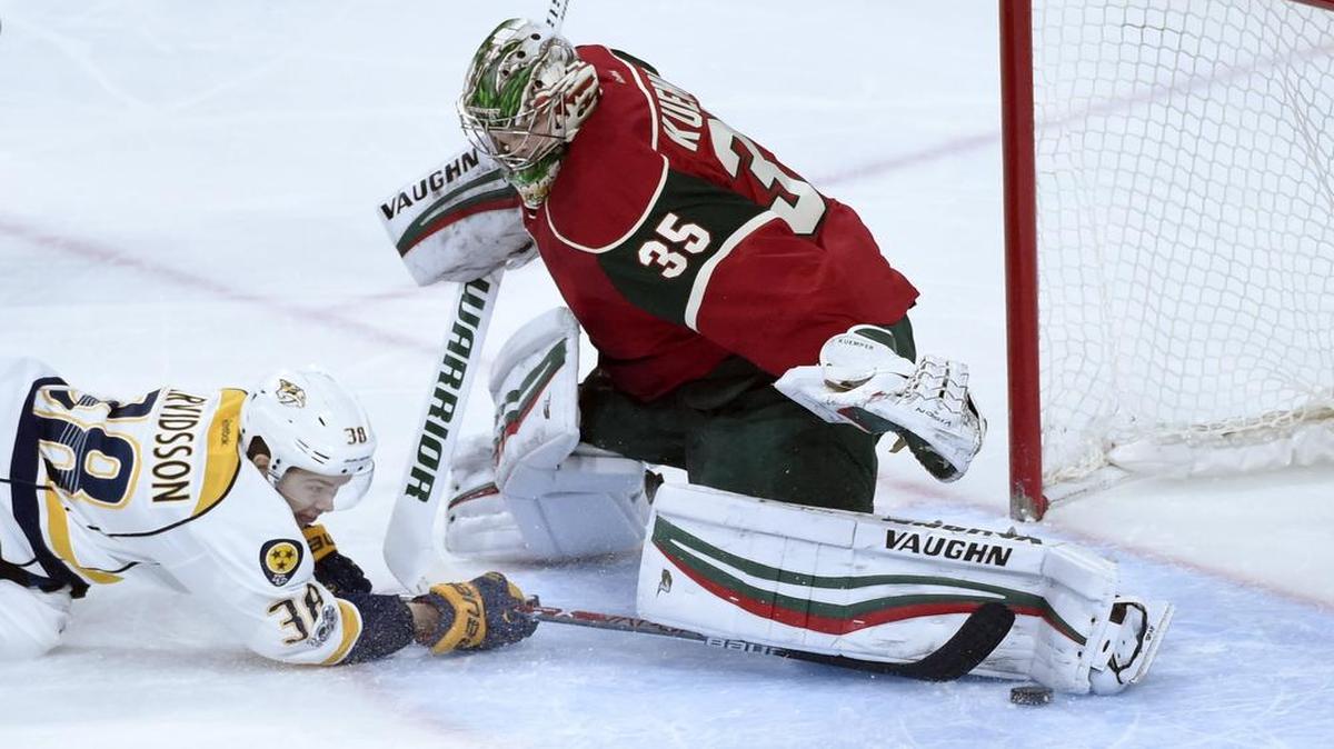 Minnesota Wild goalie Darcy Kuemper blocks a shots by Nashville Predators wing Viktor Arvidsson in Sunday’s game. The Western Conference-leading Wild (30-11-5, 65 points) travel to Dallas on Tuesday to take on the Stars (19-20-9, 47). The game will be televised at 7:30 p.m. on Fox Sports Southwest.