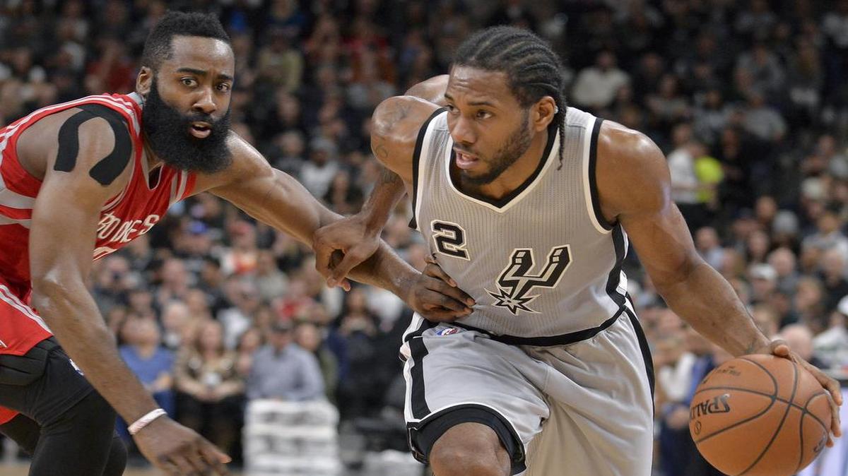 Kawhi Leonard, right, and the San Antonio Spurs battle James Harden and the Houston Rockets starting Monday in the Western Conference semifinals. Game 1 is scheduled for 8:30 p.m. in San Antonio and will be televised on TNT.