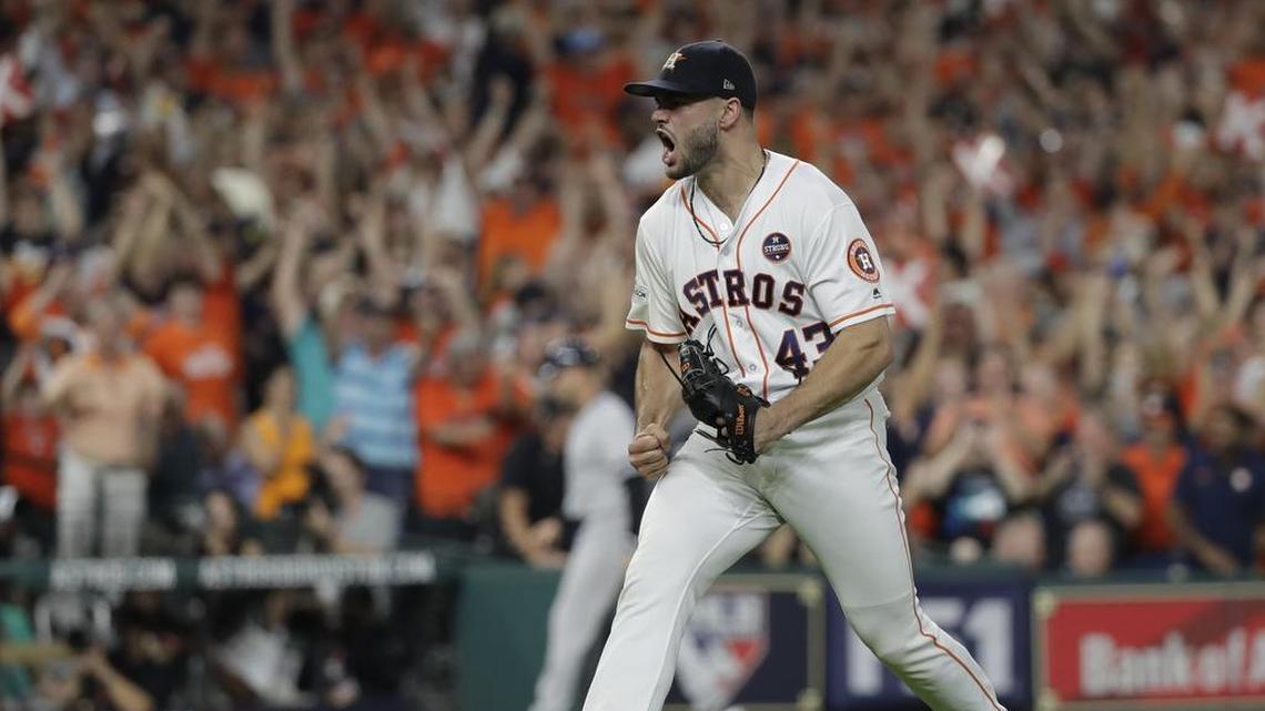 Astros starting pitcher Lance McCullers Jr. reacts after getting New York Yankees’ Aaron Judge to strike out during the eighth inning of Game 7 of the ALCS Saturday night.