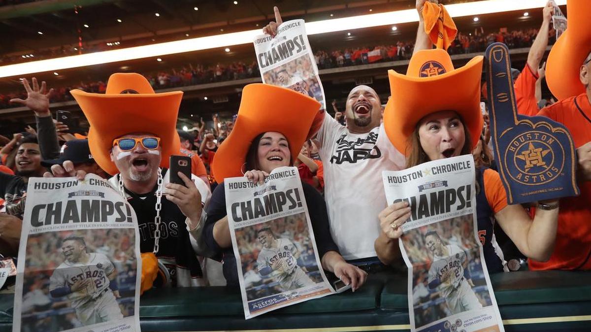 Astros fans celebrate at Minute Maid Park after thier team won the World Series.