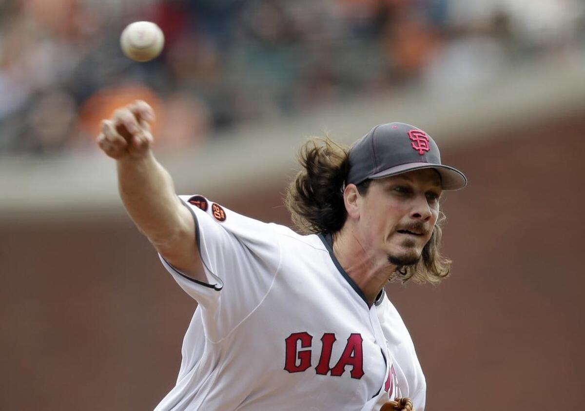Giants starting pitcher Jeff Samardzija keeps the early ‘90s grunge look alive with the mustache, soul patch and goatee combo.
