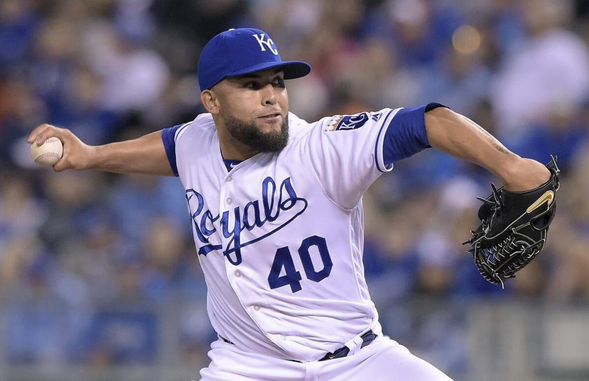 Royals pitcher Kelvin Herrera keeps a well-manicured beard that appears to fade from his chin towards both ears.