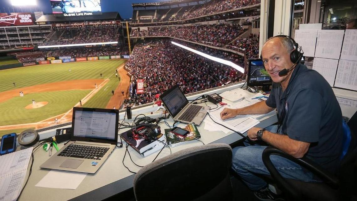 Eric Nadel in the broadcasting booth at a Texas Rangers game. One of the auction items for his Benefit Blowout is the opportunity to visit the booth during a game.