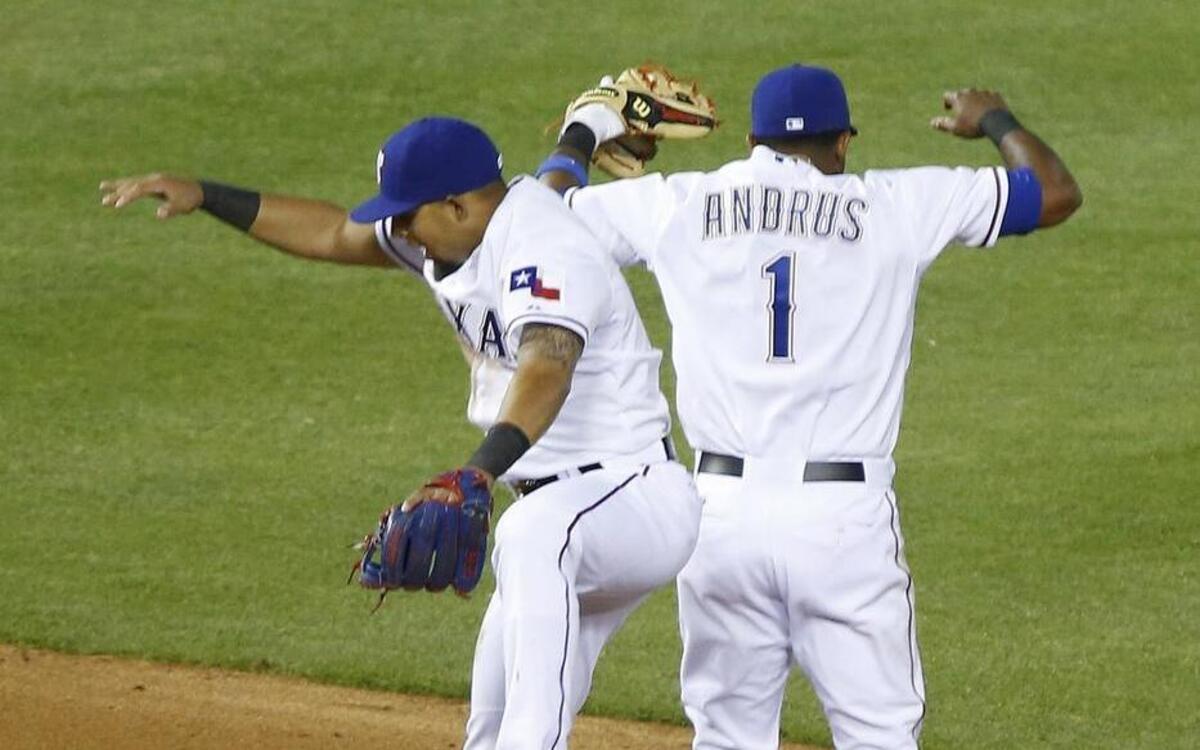 
Rougned Odor, left, and Elvis Andrus stayed in touch over the last month while Odor was with Triple A Round Rock. He rejoined the Rangers and started Monday’s game against the Dodgers.
