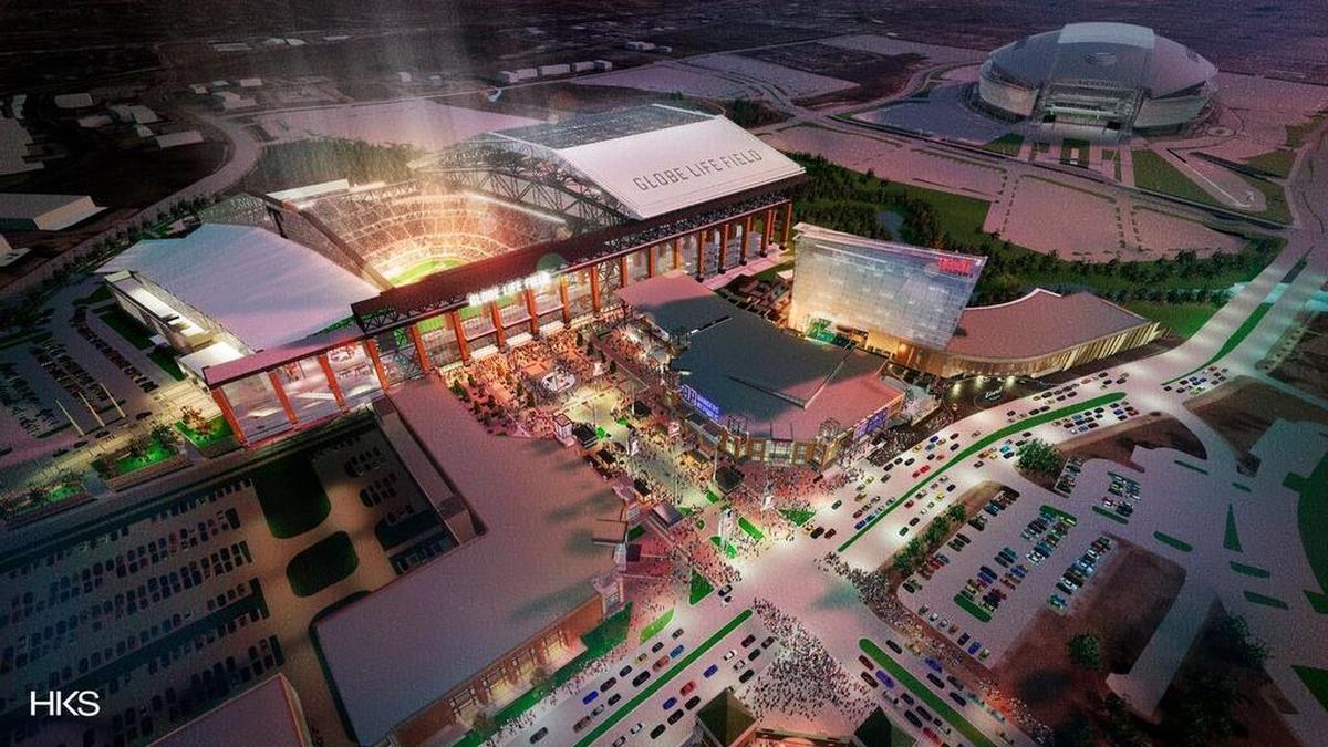 An updated rendering of the Texas Rangers’ $1.1 billion, retractable-roof stadium, Globe Life Field, which is scheduled to open in 2020.