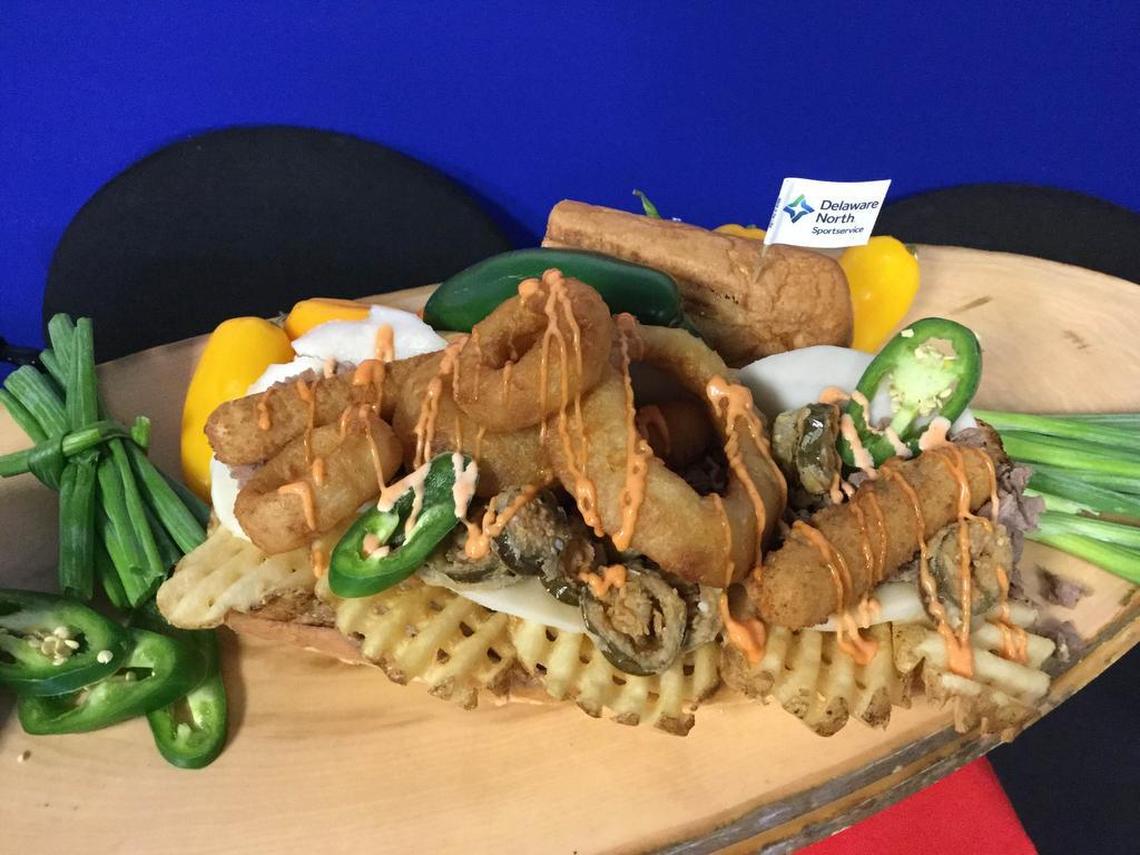 The N.E.Q. Sandwich, as in Never Ever Quit, is likely to live up to its name when it comes to digesting it. It’s a cheesesteak topped with provolone cheese, fried jalapeno slices, onion rings, waffle fries, fried mozzarella and white queso. Good luck!