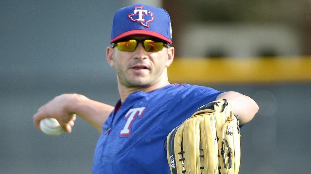 Rangers outfielder Justin Ruggiano will play first base during a B game Sunday morning for the first time in his career.