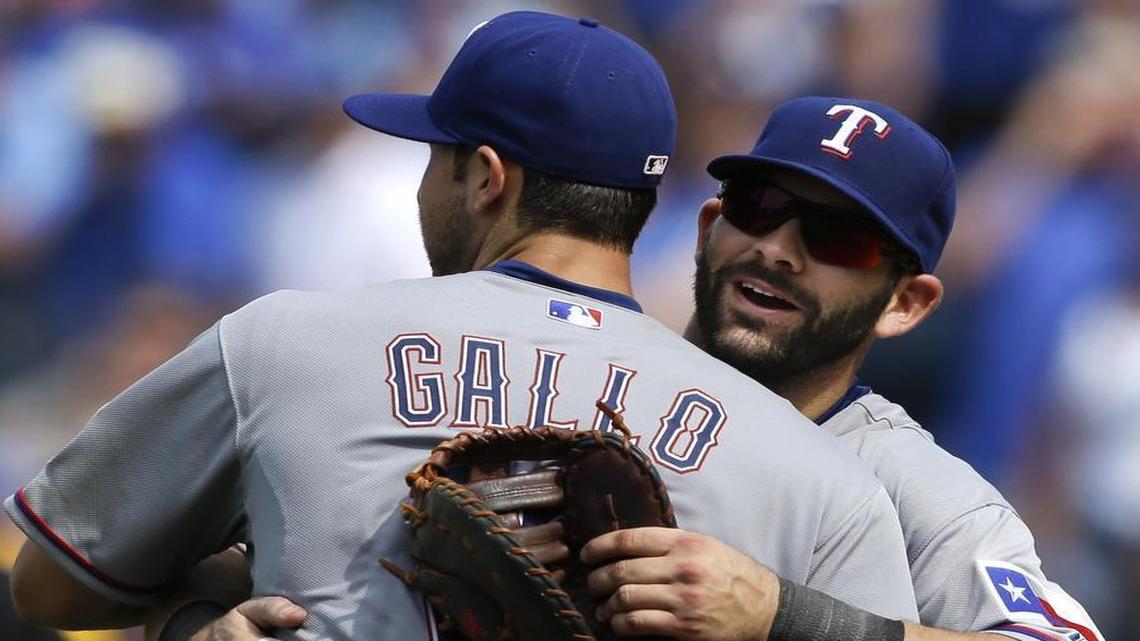 
Rangers third baseman Joey Gallo celebrates with first baseman Mitch Moreland after Texas beat the Kansas City Royals 4-2 on Saturday afternoon at Kauffman Stadium.
