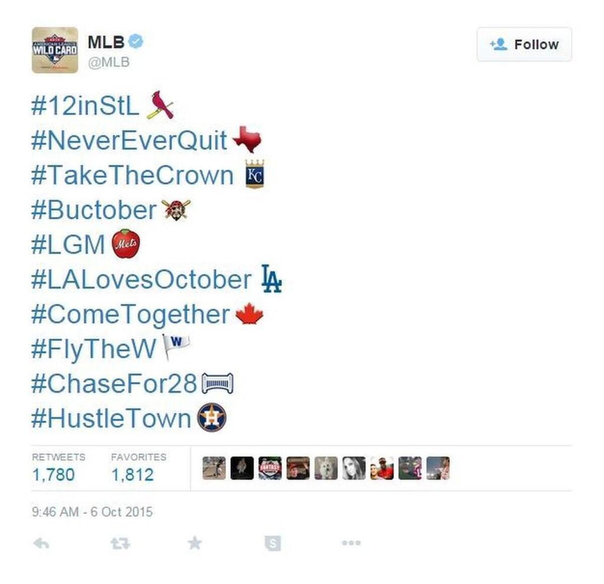 Major League Baseball has adopted slogans for postseason team. If fans used the hashtags on social media, a special corresponding character will show up.