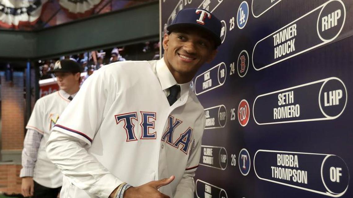 Bubba Thompson was one of the four players at MLB Network studios for the 2017 MLB Draft, and the Rangers took him at No. 26.