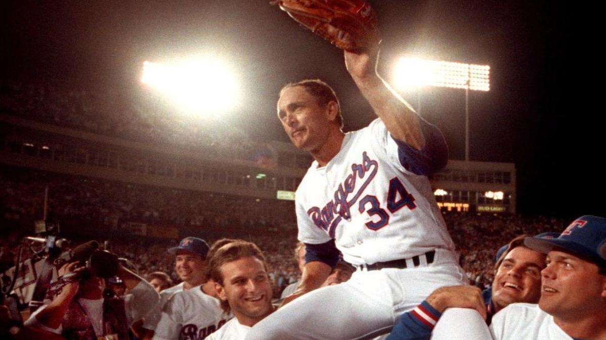 Nolan Ryan is carried off the field at Arlington Stadium after his record seventh no-hitter May 1, 1991.