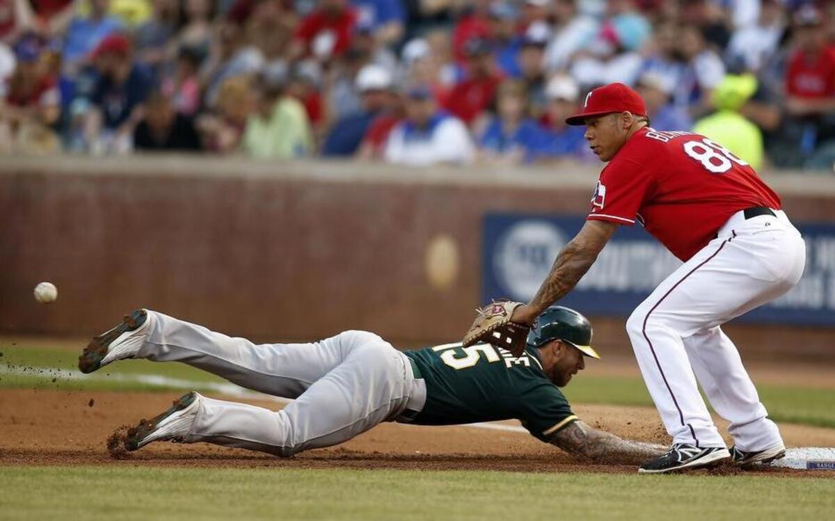 
Rangers first baseman Kyle Blanks, right, went on the disabled list Thursday because of Achilles tendinitis.

