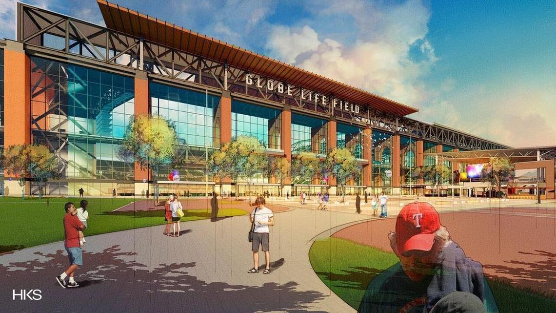 An updated rendering of the Texas Rangers’ $1.1 billion, retractable-roof stadium, Globe Life Field, which is scheduled to open in 2020. The “front” of the stadium will include elaborate landscaping.