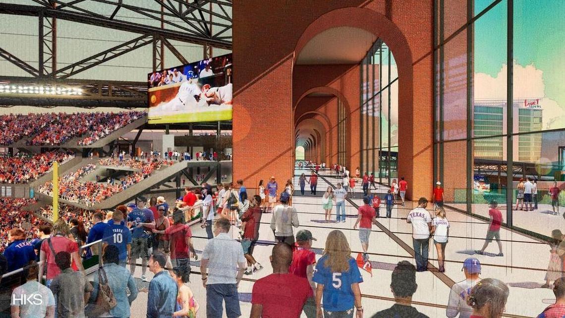 An updated rendering of the Texas Rangers’ $1.1 billion, retractable-roof stadium, Globe Life Field, which is scheduled to open in 2020. The outfield concourse will be open to the field and a glass wall will allow natural light to shine through.