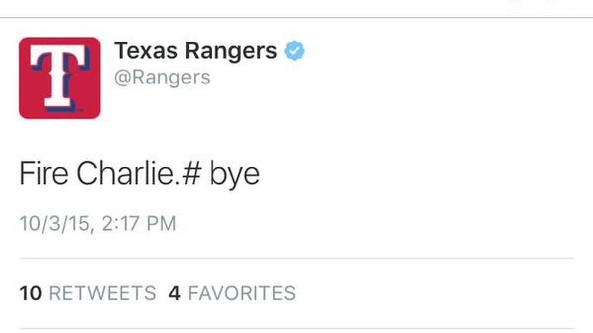 
A Rangers social media team member used the club’s official Twitter account to post a tweet calling for the firing of Texas Longhorns’ footbal coach Charlie Strong. The employee was fired immediately, the Rangers said in a release.
