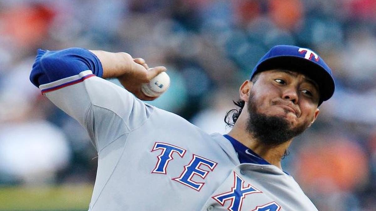 
Texas Rangers starting pitcher Yovani Gallardo went six scoreless innings against the Detroit Tigers on Saturday night at Comerica Park in Detroit. It was Gallardo’s 10th win.
