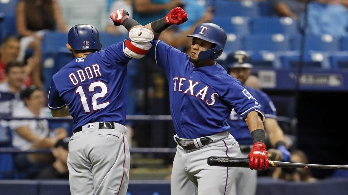 Rougned Odor, left, homered twice and Carlos Gomez, right, homered once as the Rangers swept the Rays with 6-5 win Sunday afternoon at Tropicana Field. Odor’s second homer of the day was a game-tying, two-run shot in the eighth. Gomez followed with a go-ahead homer. It’s the second time Texas has hit back-to-back homers this season.