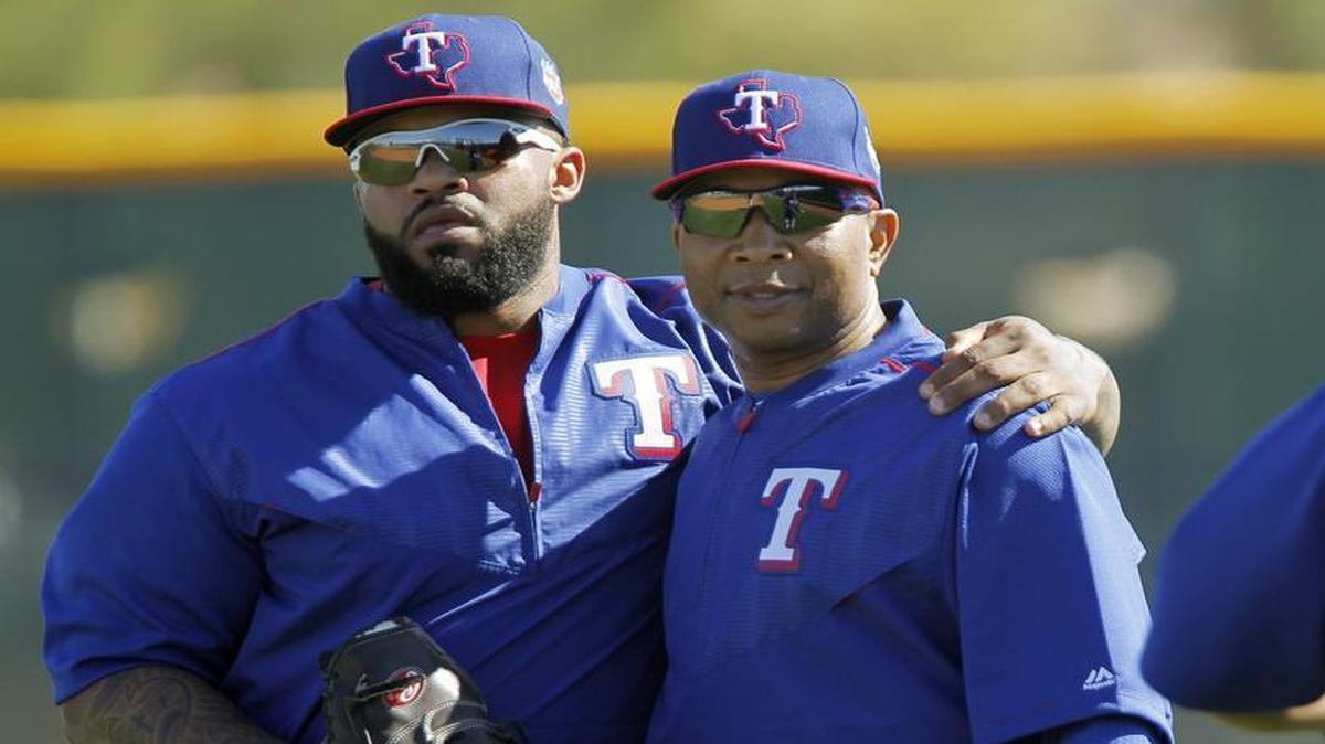 Rangers third base coach Tony Beasley, right, with former designated hitter Prince Fielder during spring training, has been named the winner of the Harold McKinney Good Guy Award by the DFW chapter of the Baseball Writers Association of America.