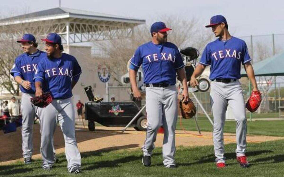 
The top of the Rangers’ rotation, which includes, from left, Derek Holland, Yovani Gallardo, Colby Lewis and Yu Darvish, met with manager Jeff Banister, pitching coach Mike Maddux and bullpen coach Andy Hawkins on Saturday morning.
