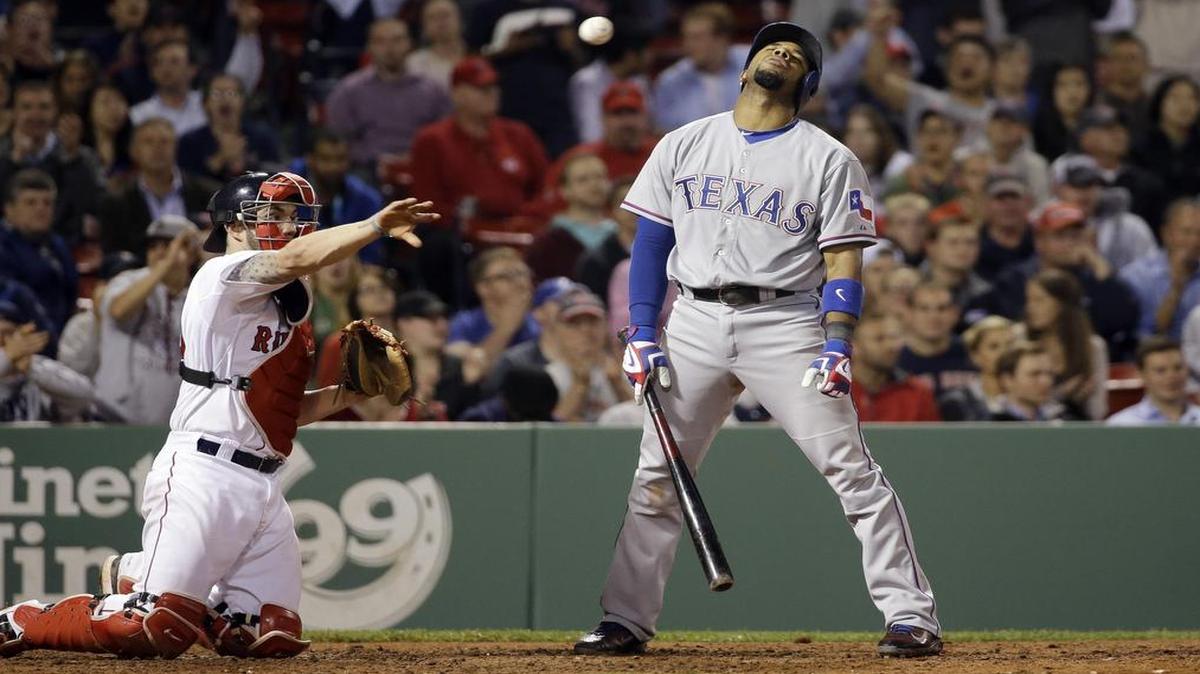 
The Rangers’ Elvis Andrus shows his frustration at a called strike during the ninth inning Tuesday. Texas struck out 10 times on the night.


