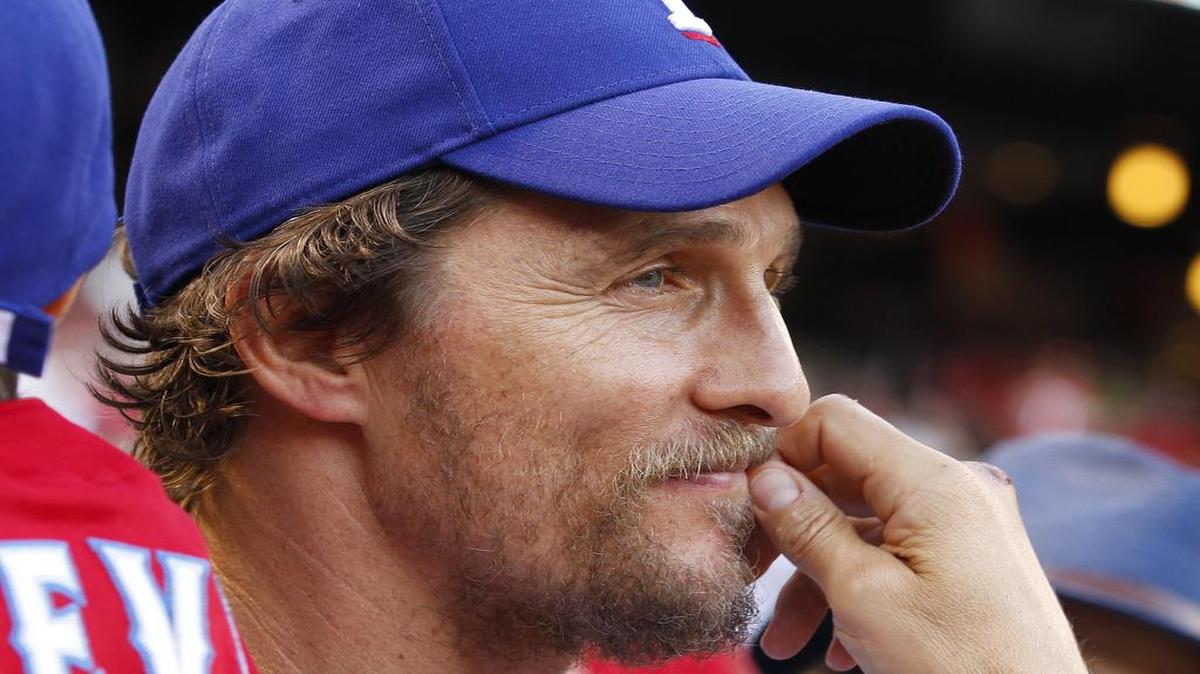 
Matthew McConaughey attended the Rangers game Monday night after promoting his after-school program at Rangers Youth Ballpark.
