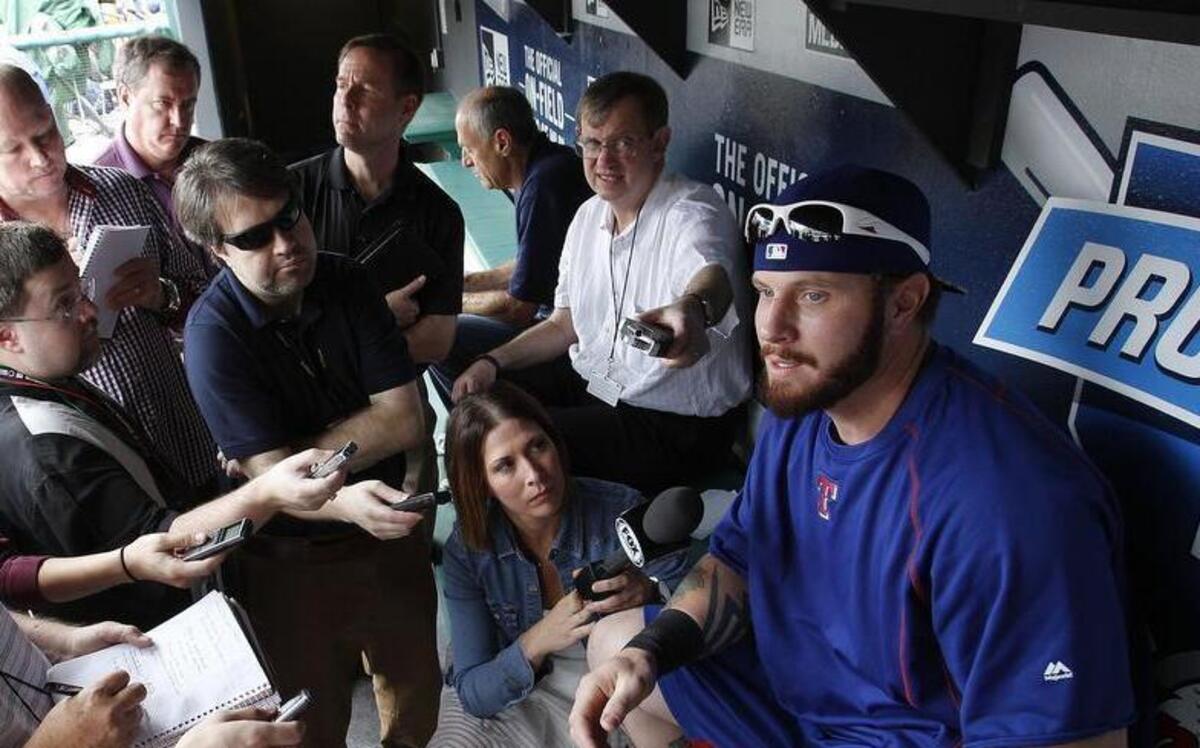 
Rangers outfielder Josh Hamilton, right, “looks fresh, he looks good, he has tremendous energy,” said manager Jeff Banister.



