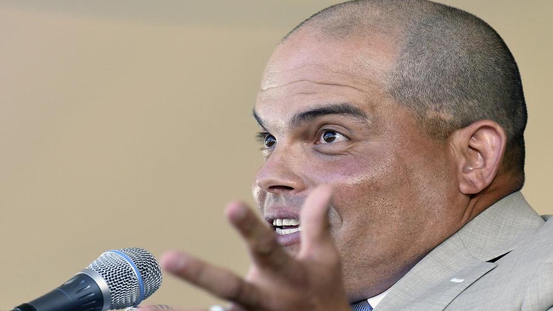 National Baseball Hall of Fame inductee Ivan "Pudge" Rodriguez speaks during an induction ceremony at the Clark Sports Center, Sunday, July 30, 2017, in Cooperstown, N.Y.