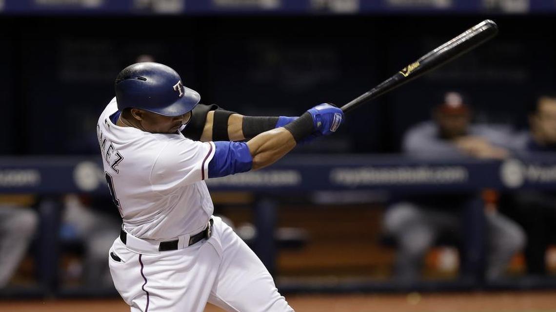 Rangers outfielder Carlos Gomez, lining a single against the Astros earlier this season, walked toward the mound Monday night after receiving an inside pitch from Houston pitcher Collin McHugh.
