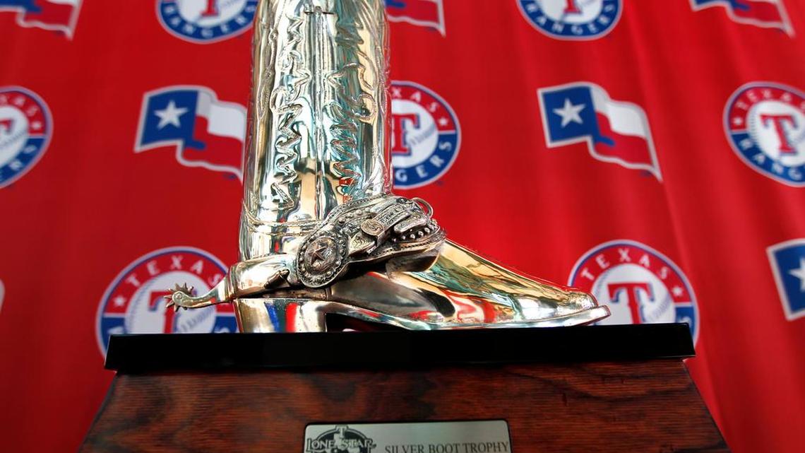 
The Texas Lone Star Series Silver Boot Trophy on display at the Texas Rangers Ballpark in Arlington.
