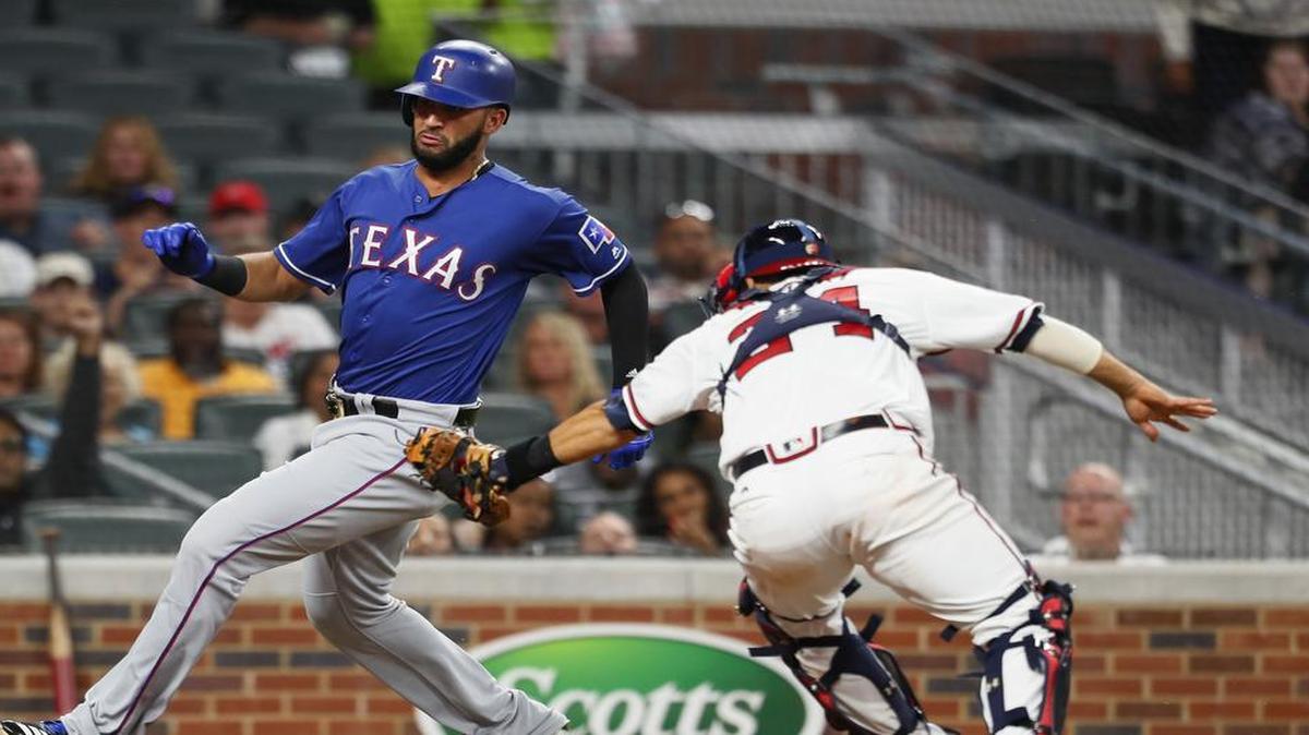 Nomar Mazara said that his left quad started to bark Wednesday night on this play at Atlanta. He finally given a game at designated hitter Monday to rest it.