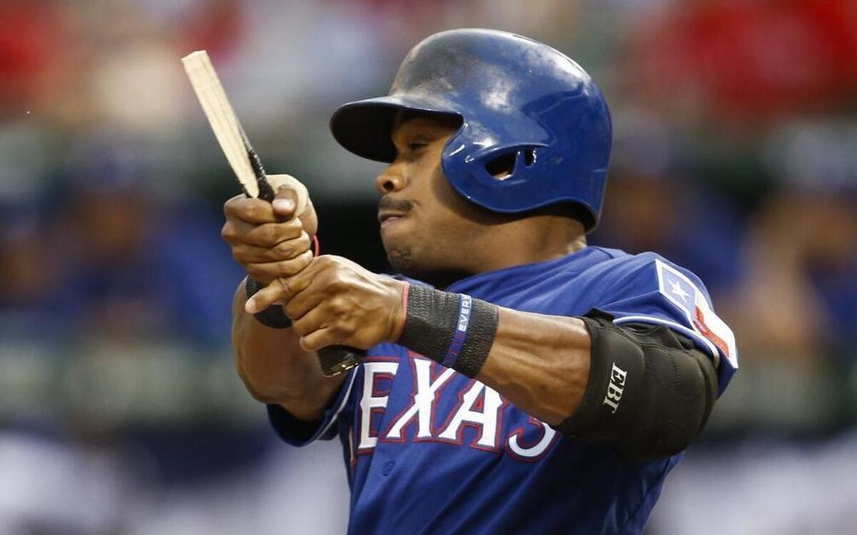 
Rangers’ outfielder Delino DeShields breaks his bat during Wednesday’s loss to the Diamondbacks. The Texas offense has struggled at home and lost its last eight at Globe Life Park.
