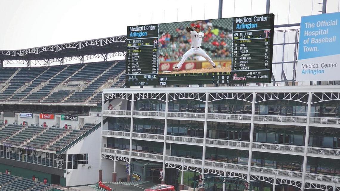 The Texas Rangers on Thursday revealed plans for a new videoboard atop the office space in left field.