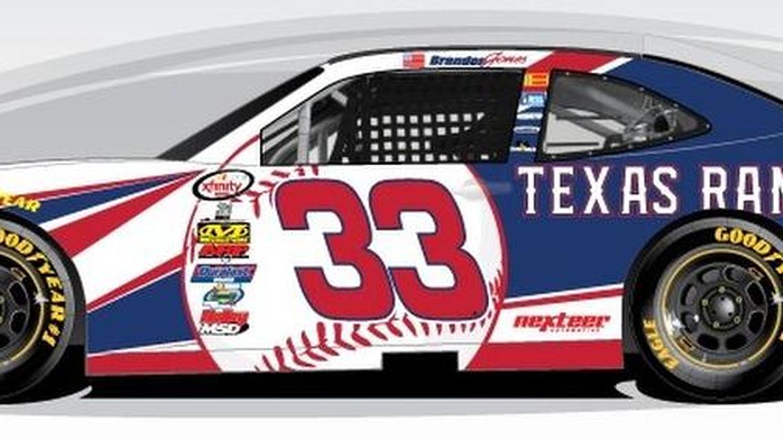 Brandon Jones’ No. 33 will be covered in Rangers colors and logos for the April 8 Xfinity race at Texas Motor Speedway.