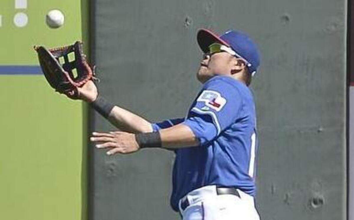 
Texas Rangers left fielder Shin-Soo Choo  makes a catch during a spring training game. Choo will take time off from the outfield after being diagnosed with triceps tightness in his throwing arm.


