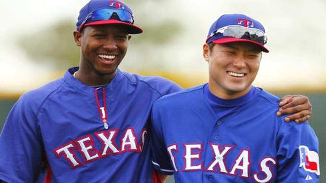 
Jurickson Profar, left, and Shin-Soo Choo were all smiles at spring training last year, but injuries changed that.


