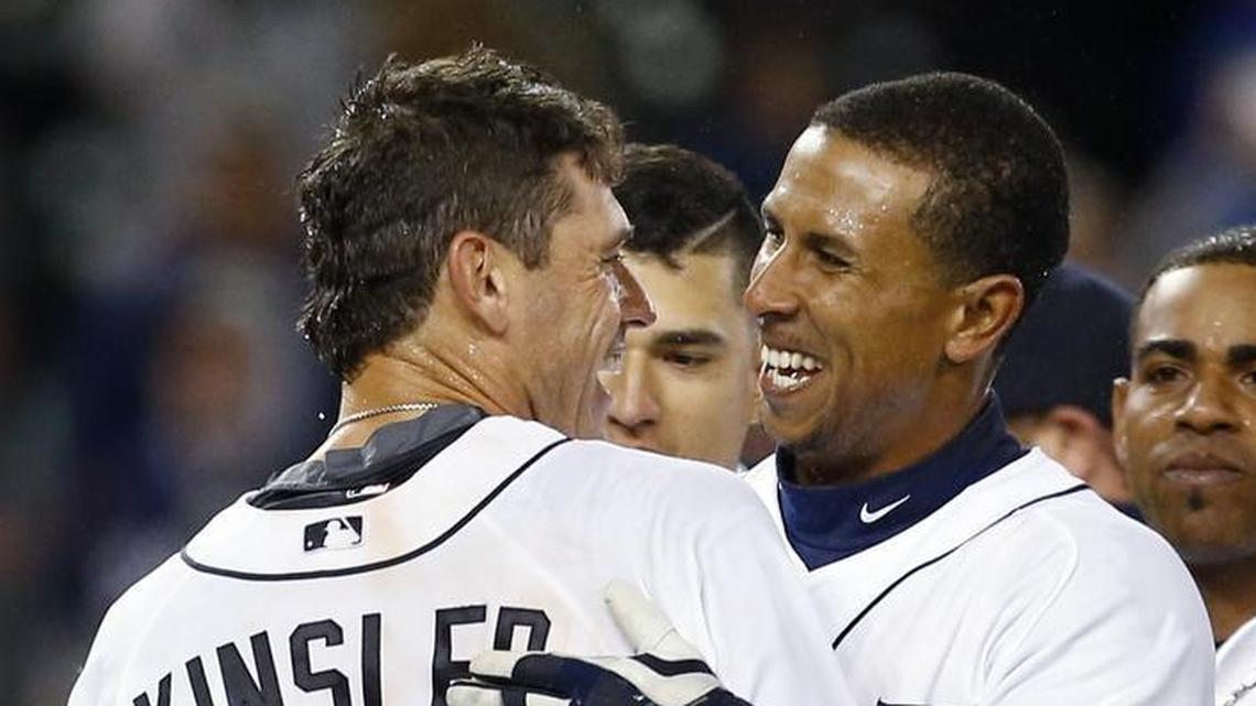 Anthony Gose, celebrating a Detroit Tigers victory in 2015 with Ian Kinsler, is preparing to be a pitcher and an outfielder for the Rangers in 2018.