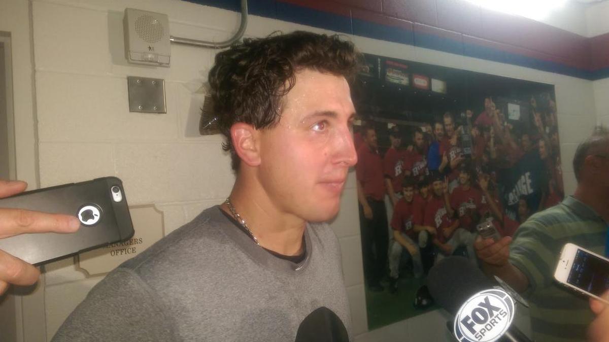
Rangers left-hander Derek Holland talks to reporters after making his third rehab start for Double A Frisco. Holland allowed three runs on seven hits and a walk and struck out five.
