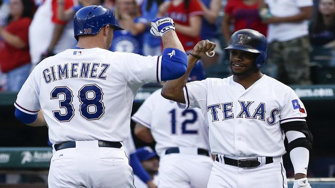 
Catcher Chris Gimenez and outfielder Delino DeShields have been vital to the Rangers’ rise into playoff contention.


