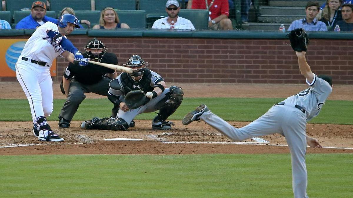 
Rangers designated hitter Joey Gallo (13) strikes out against White Sox starting pitcher Chris Sale in the second inning Wednesday at Globe Life Park. Chicago won the game 9-1.
