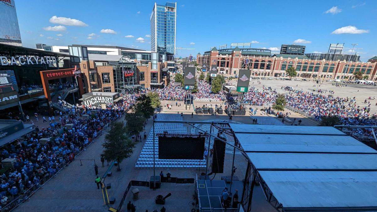 An estimated 500,000 to 700,000 fans crammed Arlington’s Entertainment District to celebrate the Texas Rangers World Series championship on Friday, Nov. 3, 2023.