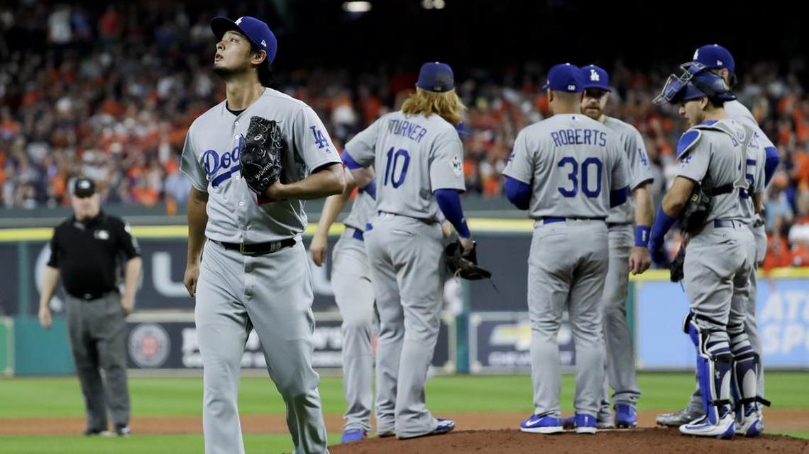 Los Angeles Dodgers starting pitcher Yu Darvish leaves World Series Game 3 against the Houston Astros during the second inning Friday night.