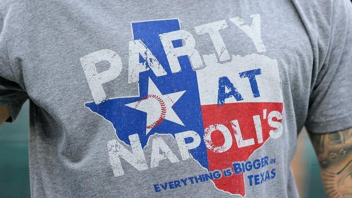 Get your Party at Napoli’s shirt at Globe Life Park, the team store in downtown Fort Worth or online at 108stitches.com.