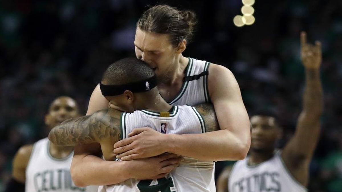 Boston Celtics guard Isaiah Thomas, front, celebrates with teammate Kelly Olynyk during Monday’s Game 7 victory over the Washignton Wizards. Now the Celtics move on to face the well-rested Cleveland Cavaliers in the Eastern Conference Finals. Game 1 is set for 8 p.m. Wednesday and will be televised on TNT.