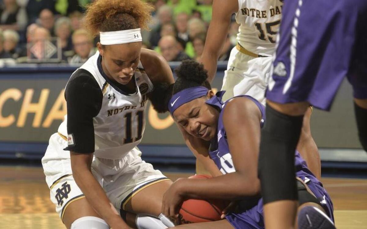 TCU center Jordan Moore, battling for control of the ball during Saturday’s loss to No. 1 Notre Dame, and the Horned Frogs play host to Butler on Wednesday in a noon matinee matchup at Schollmaier Arena. The game will be televised by Fox Sports Southwest.