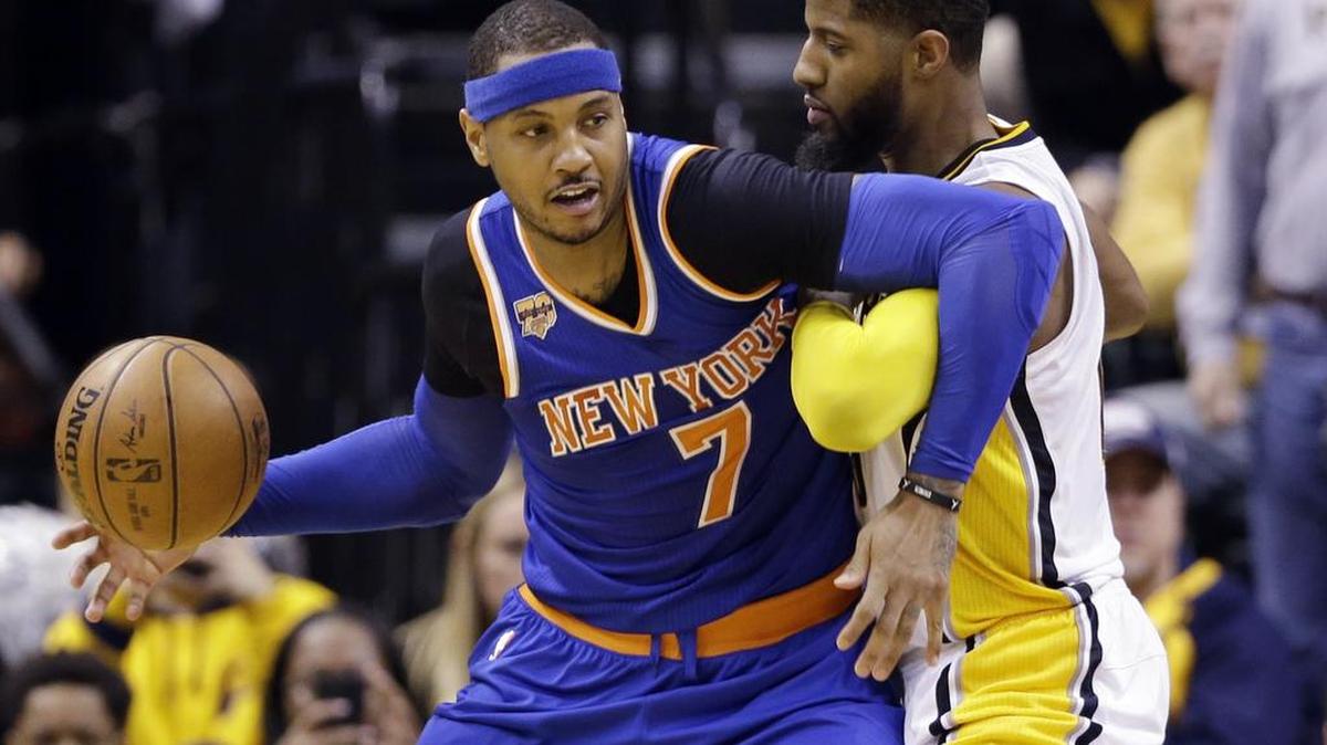 Carmelo Anthony, left, scored 26 points Monday as the New York Knicks defeated Paul George and the Indiana Pacers 109-103. The Knicks next head to Dallas for Wednesday’s matchup against the Mavericks. The game will be televised at 7:30 p.m. on Fox Sports Southwest.