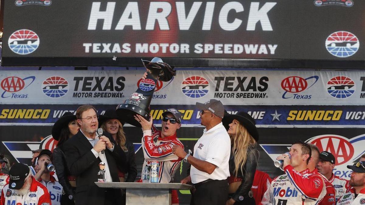 Kevin Harvick’s Victory Lane celebration did not include the traditional firing of six-shooters out of respect for the victims of a mass shooting at a church near San Antonio.