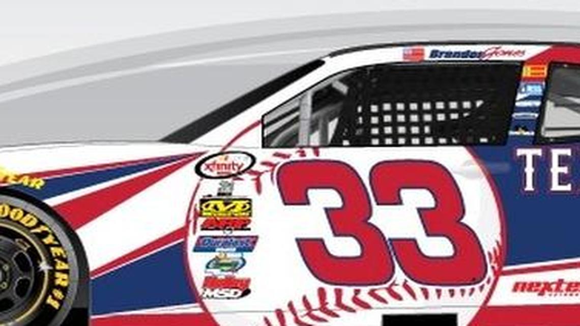 Brandon Jones’ No. 33 will be covered in Rangers’ colors and logos for the O’Reilly Auto Parts 300 April 8 at Texas Motor Speedway.