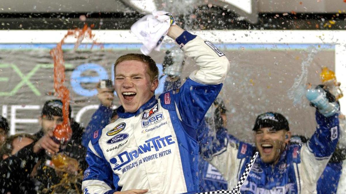 
Tyler Reddick, 19, celebrates his trucks victory Feb. 20 in the season-opening race at Daytona. Reddick also won Sunday at Dover and is second in the standings, 11 points behind leader Matt Crafton.


